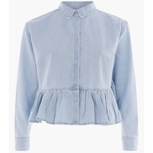 Topshop Blue Ruffle Peplum Hem Denim Shirt Snap Button Long‎ Sleeve Women's 8